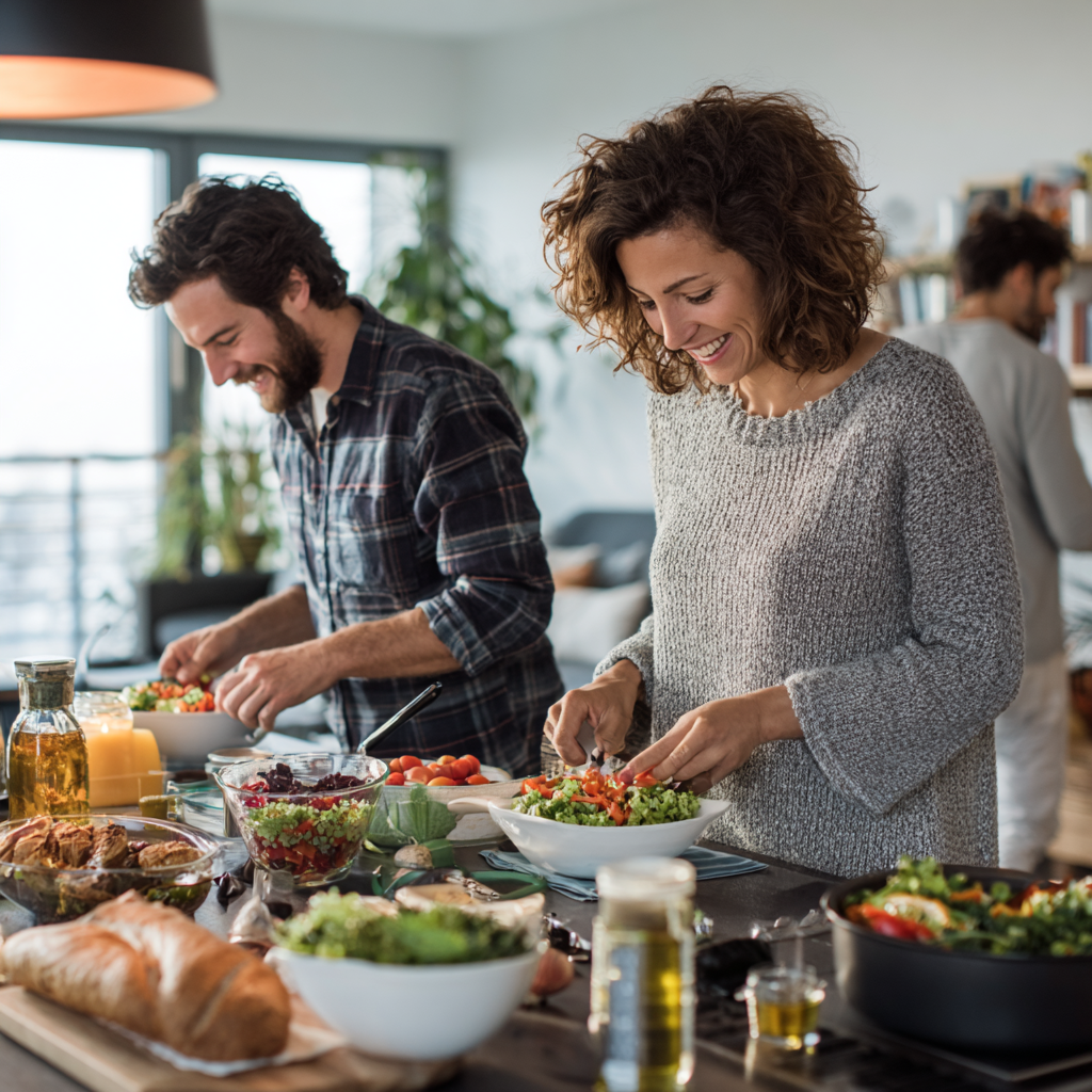 Peaceful mealtime with fresh organic vegetables and fruits arranged on a wooden table with natural lighting, Slovak family gathering