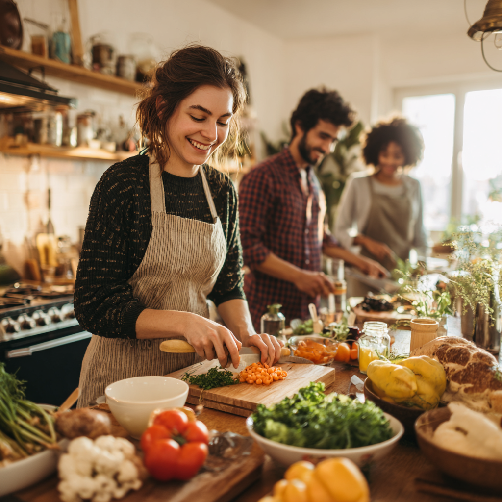 Nutritionist explaining balanced meal components to Slovak adults in a modern kitchen setting with fresh ingredients